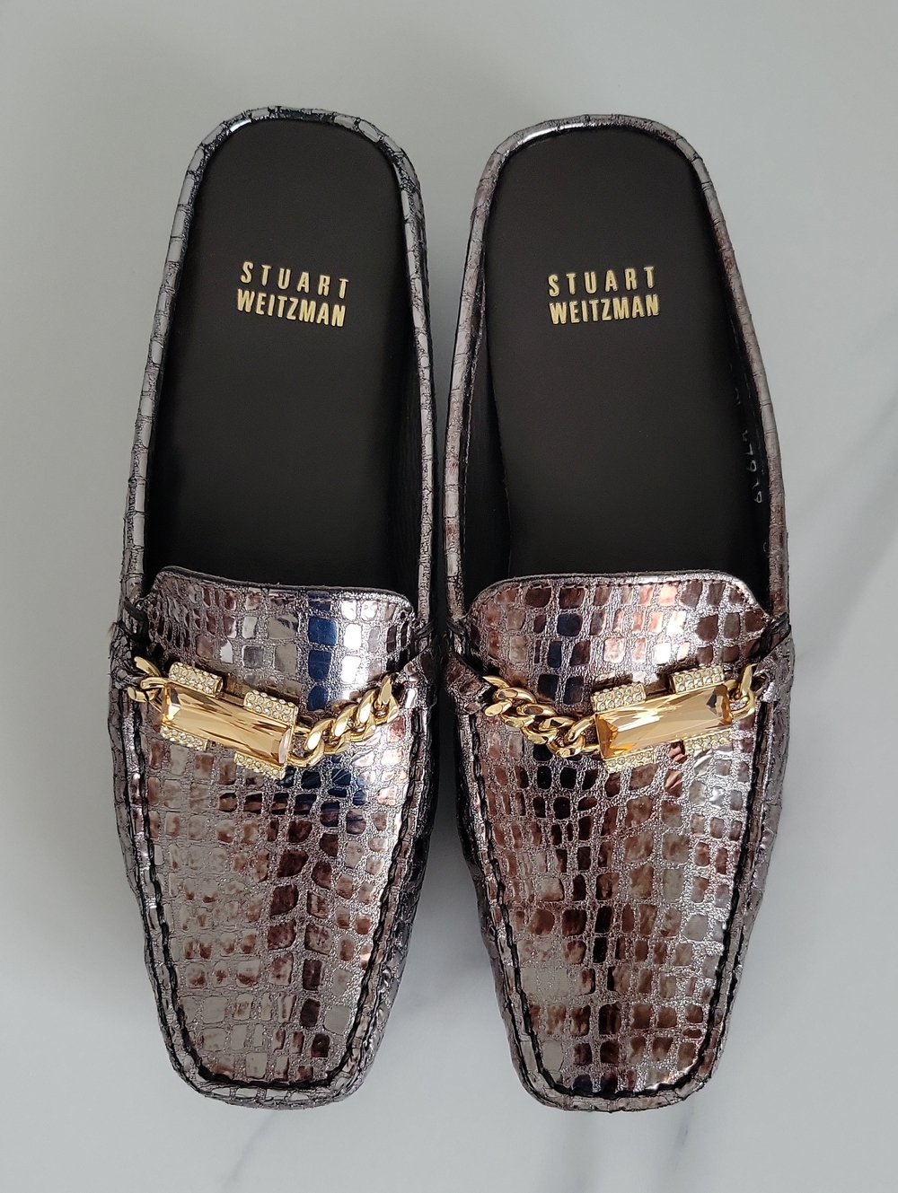 Stuart Weitzman Metallic Croc-Embossed Mule in Silver